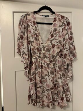 Floral V-Neck Ruffled Mini Dress - White with Pink & Brown Floral